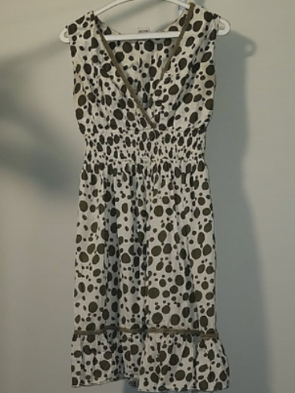Polka Dot Midi Dress Women’s S Green White Smocked Waist Ruffle Summer Casual